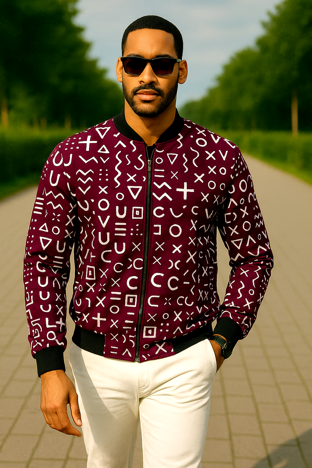 Royalty Unisex Purple and White Tribal Bomber Jacket