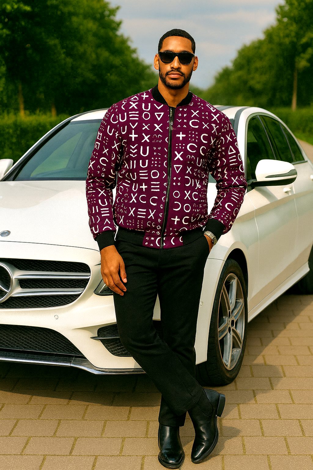 Royalty Unisex Purple and White Tribal Bomber Jacket